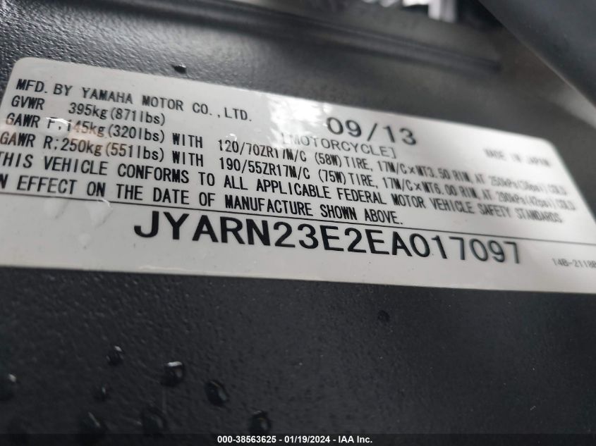 2014 YAMAHA YZFR1 JYARN23E2EA017097