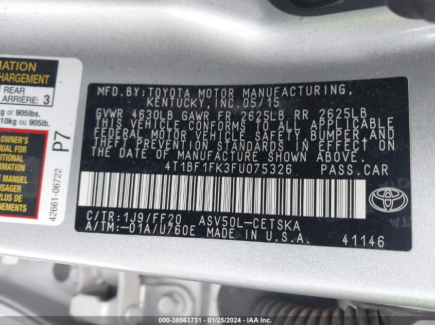 2015 TOYOTA CAMRY SE - 4T1BF1FK3FU075326