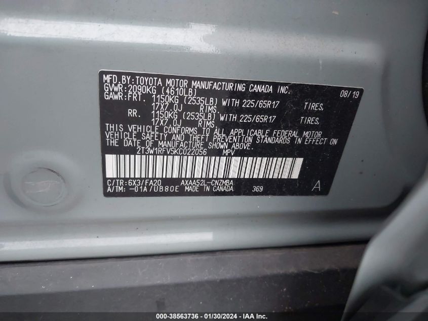 2019 TOYOTA RAV4 XLE/XLE PREMIUM - 2T3W1RFV5KC022056