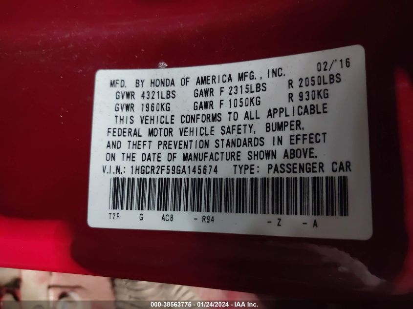 2016 HONDA ACCORD SPORT - 1HGCR2F59GA145674