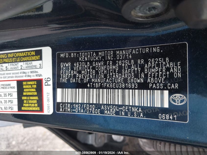 2014 TOYOTA CAMRY L/SE/LE/XLE - 4T1BF1FK6EU381693