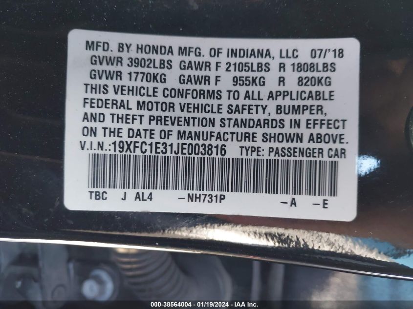 2018 HONDA CIVIC EX - 19XFC1E31JE003816