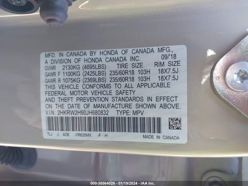 2018 HONDA CR-V TOURING - 2HKRW2H90JH680832