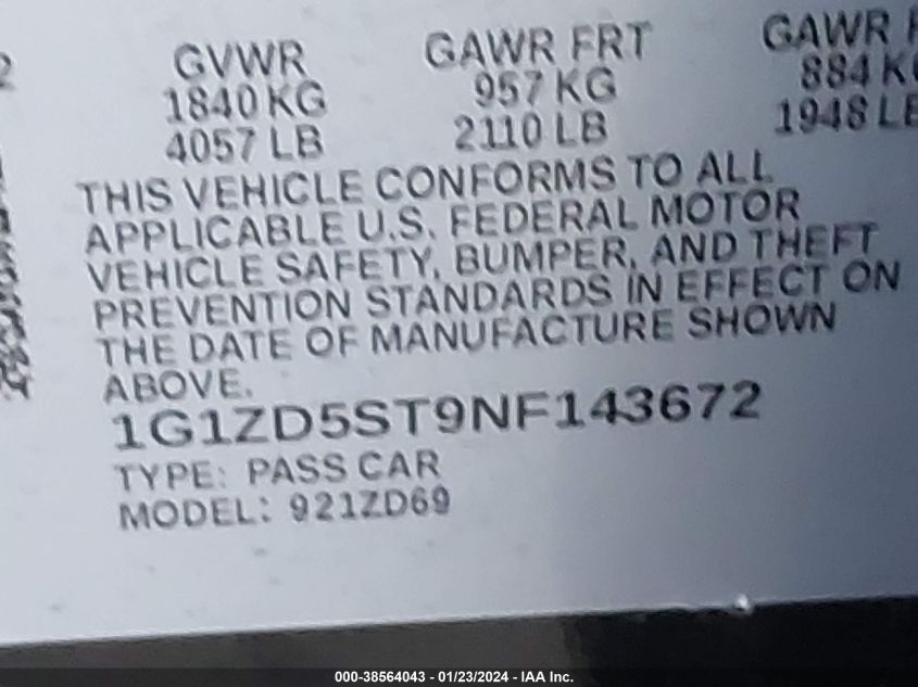 2022 CHEVROLET MALIBU FWD LT - 1G1ZD5ST9NF143672
