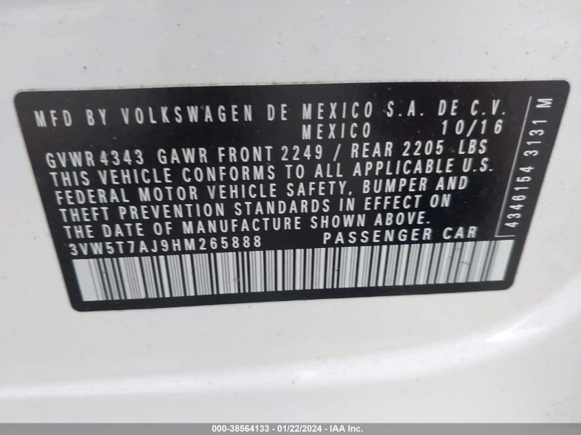 2017 VOLKSWAGEN JETTA GLI - 3VW5T7AJ9HM265888
