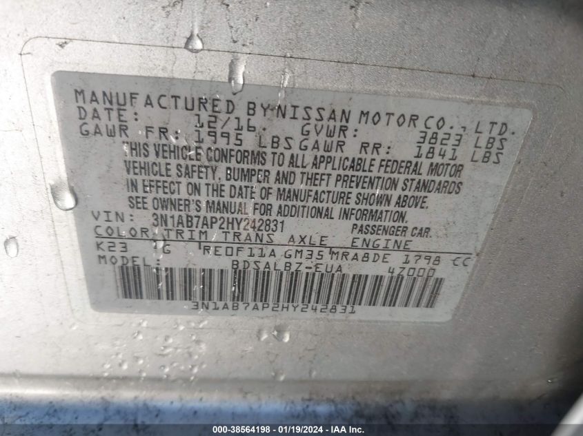 2017 NISSAN SENTRA S - 3N1AB7AP2HY242831