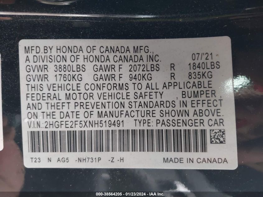 2022 HONDA CIVIC SPORT - 2HGFE2F5XNH519491