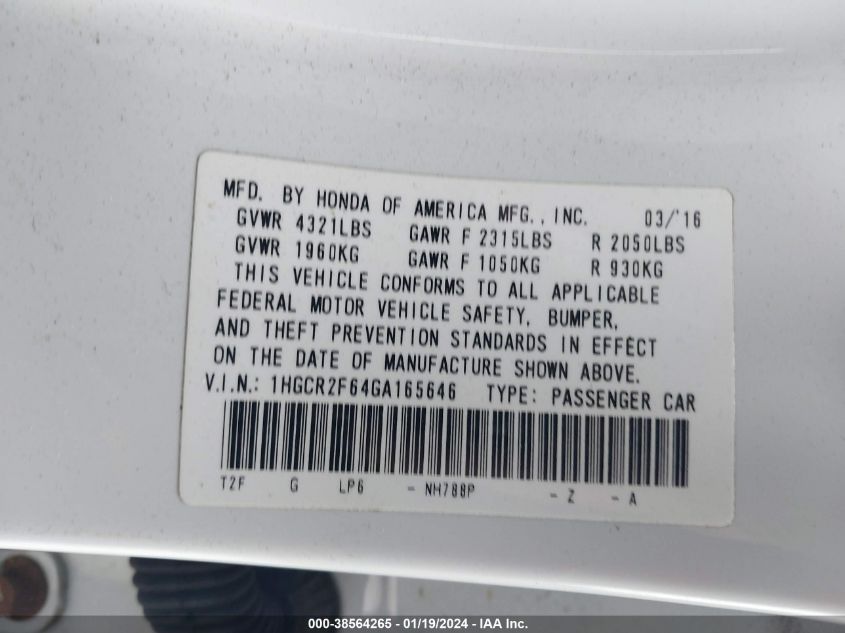 2016 HONDA ACCORD SPORT - 1HGCR2F64GA165646