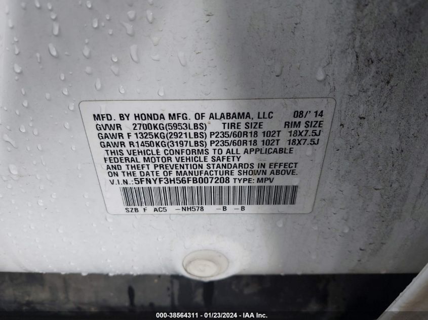 2015 HONDA PILOT EX-L - 5FNYF3H56FB007208