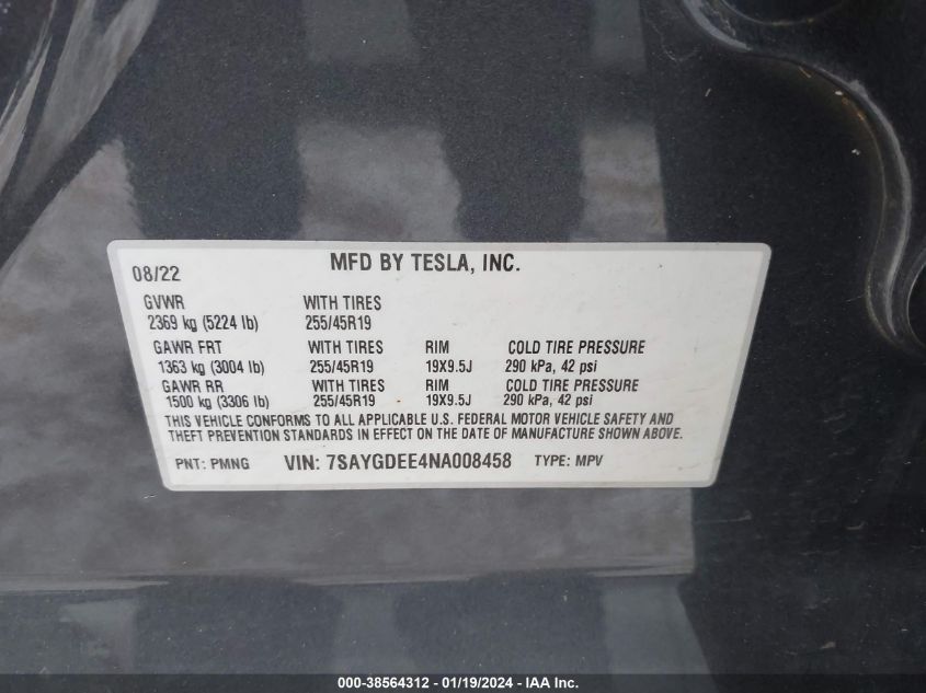 2022 TESLA MODEL Y LONG RANGE DUAL MOTOR ALL-WHEEL DRIVE - 7SAYGDEE4NA008458