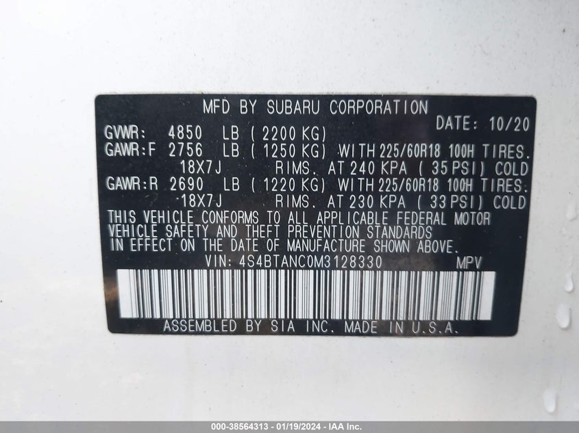 VIN 4S4BTANC0M3128330 2021 SUBARU OUTBACK LIMITED