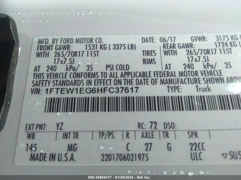 2017 FORD F-150 XLT - 1FTEW1EG6HFC37617
