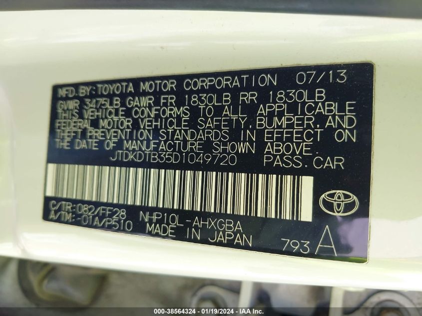 2013 TOYOTA PRIUS C THREE - JTDKDTB35D1049720