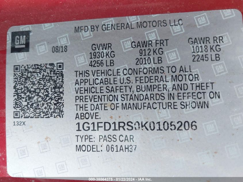 2019 CHEVROLET CAMARO LT - 1G1FD1RS0K0105206