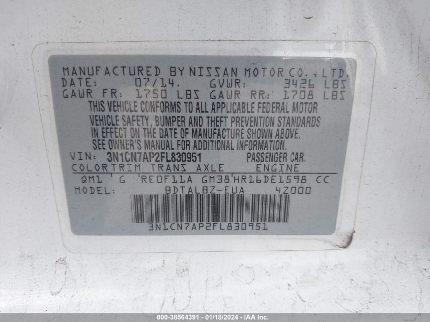 2015 NISSAN VERSA 1.6 SV - 3N1CN7AP2FL830951