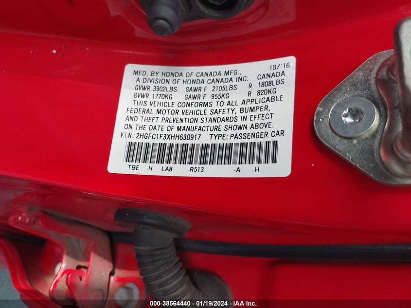 VIN 2HGFC1F3XHH630917 2017 HONDA CIVIC EX