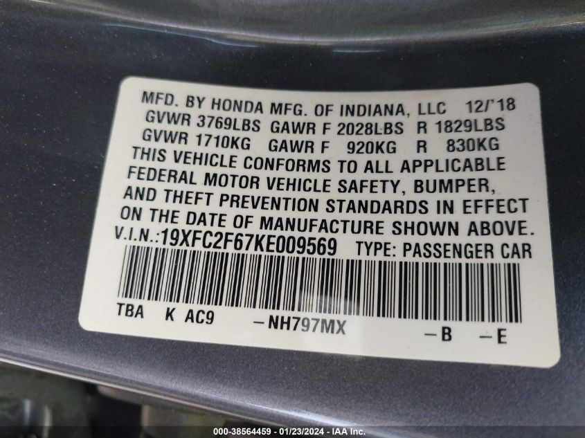 2019 HONDA CIVIC LX - 19XFC2F67KE009569