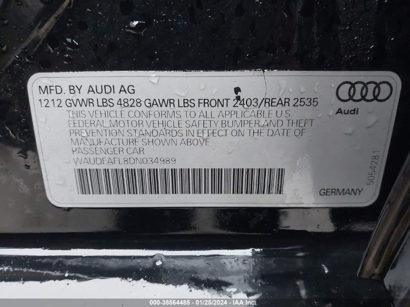 2013 AUDI A4 2.0T PREMIUM - WAUDFAFL8DN034989