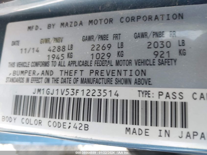 2015 MAZDA MAZDA6 I TOURING - JM1GJ1V53F1223514