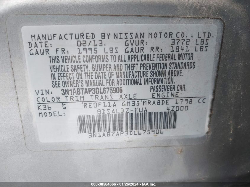 2013 NISSAN SENTRA S/SV/SR/SL - 3N1AB7AP3DL675906