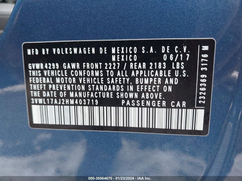 2017 VOLKSWAGEN JETTA 1.8T SEL/1.8T SEL PREMIUM - 3VWL17AJ2HM403719