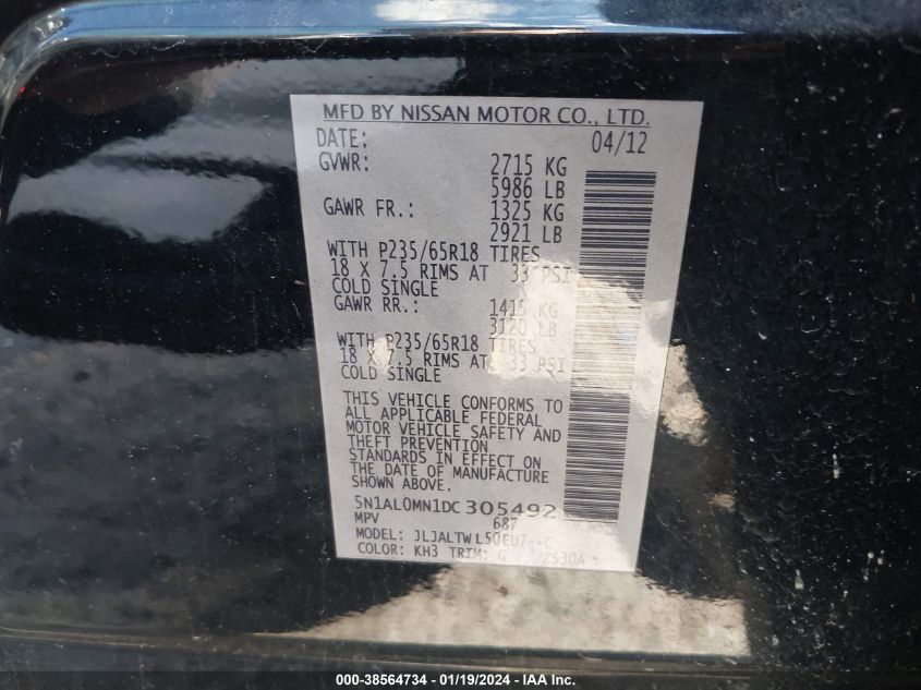 2013 INFINITI JX35 - 5N1AL0MN1DC305492