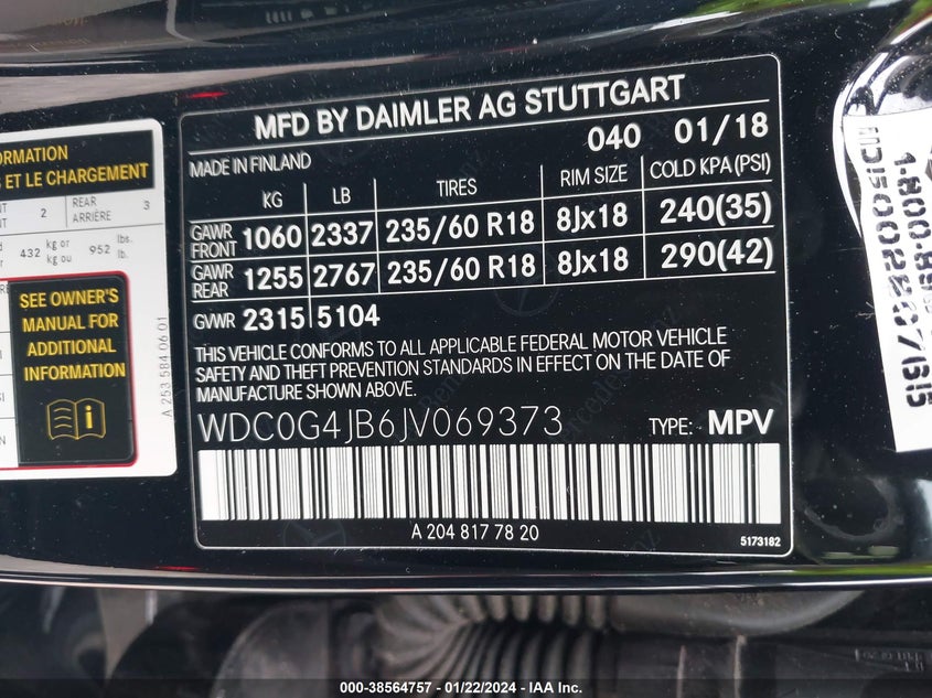 VIN WDC0G4JB6JV069373 2018 MERCEDES-BENZ GLC 300 300