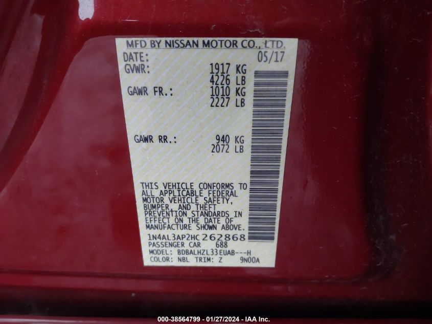 2017 NISSAN ALTIMA 2.5/S/SV/SL/SR - 1N4AL3AP2HC262868