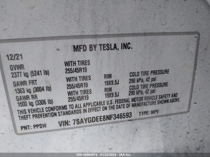 2022 TESLA MODEL Y - 7SAYGDEE8NF346593