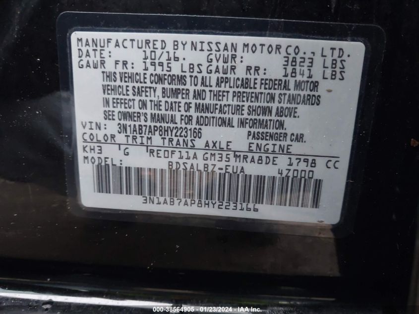 2017 NISSAN SENTRA S/SV/SR/SL - 3N1AB7AP8HY223166