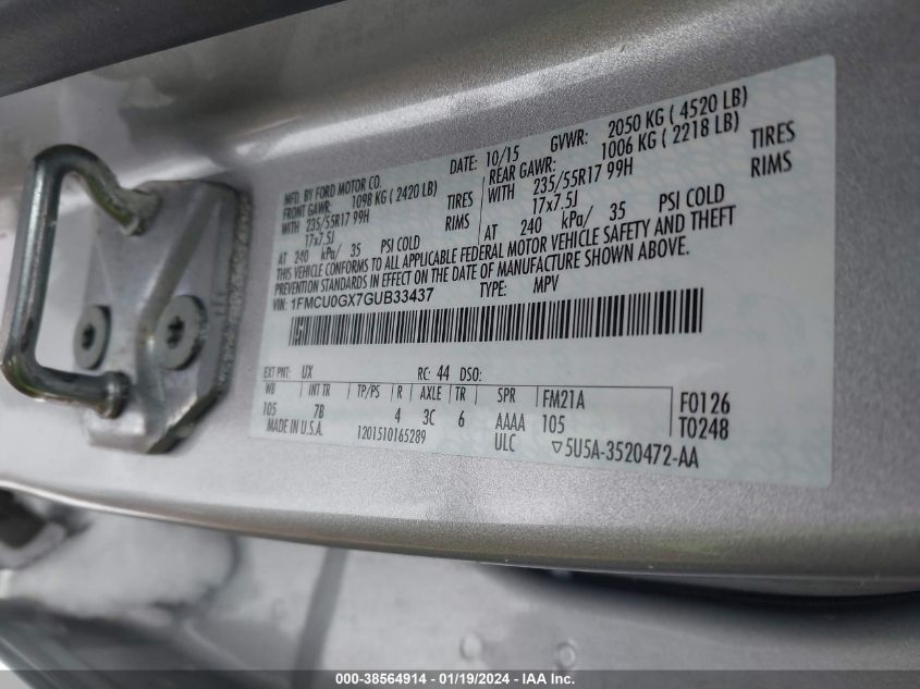 2016 FORD ESCAPE SE - 1FMCU0GX7GUB33437