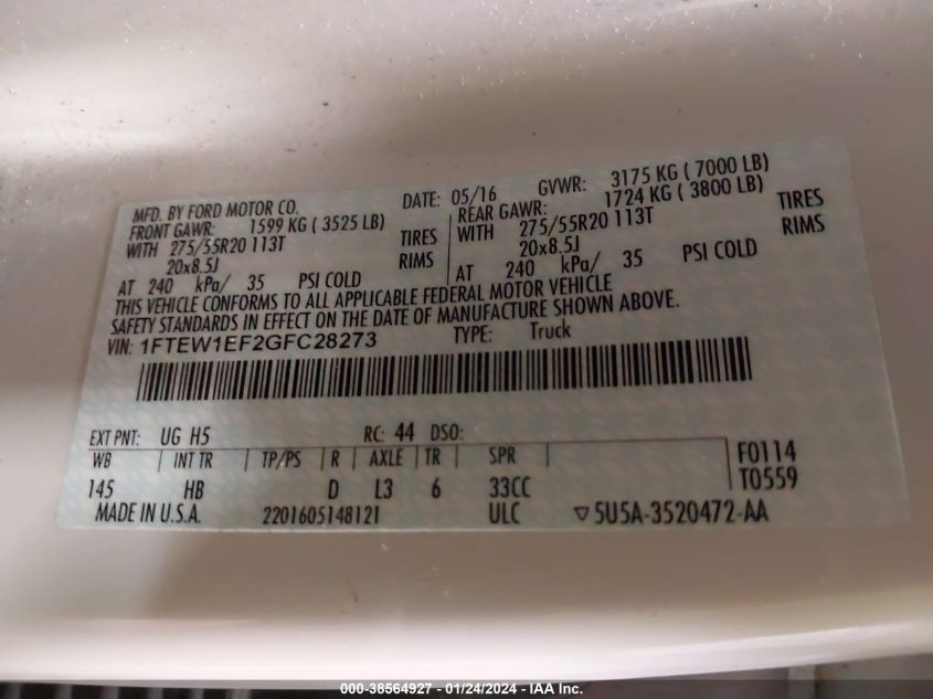 2016 FORD F150 SUPERCREW - 1FTEW1EF2GFC28273