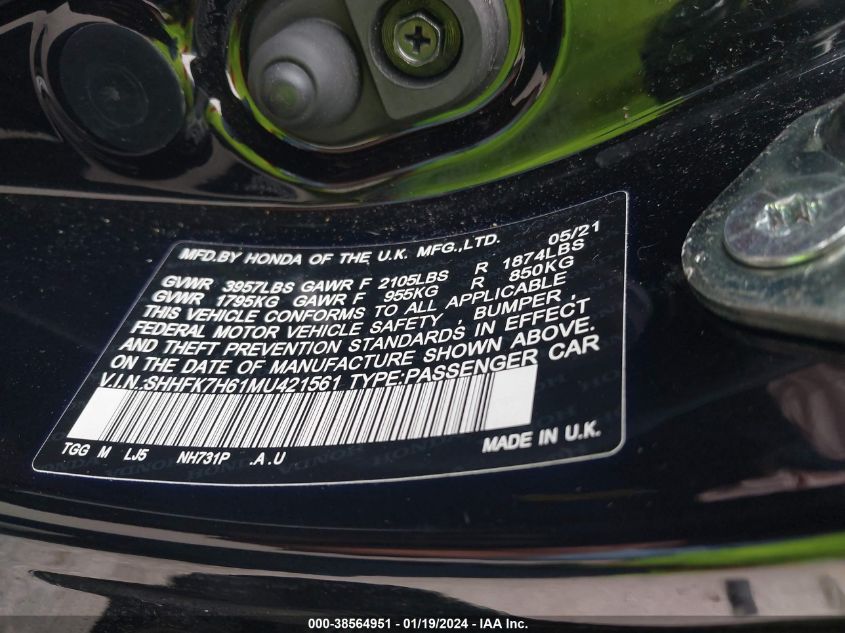 2021 HONDA CIVIC EX - SHHFK7H61MU421561