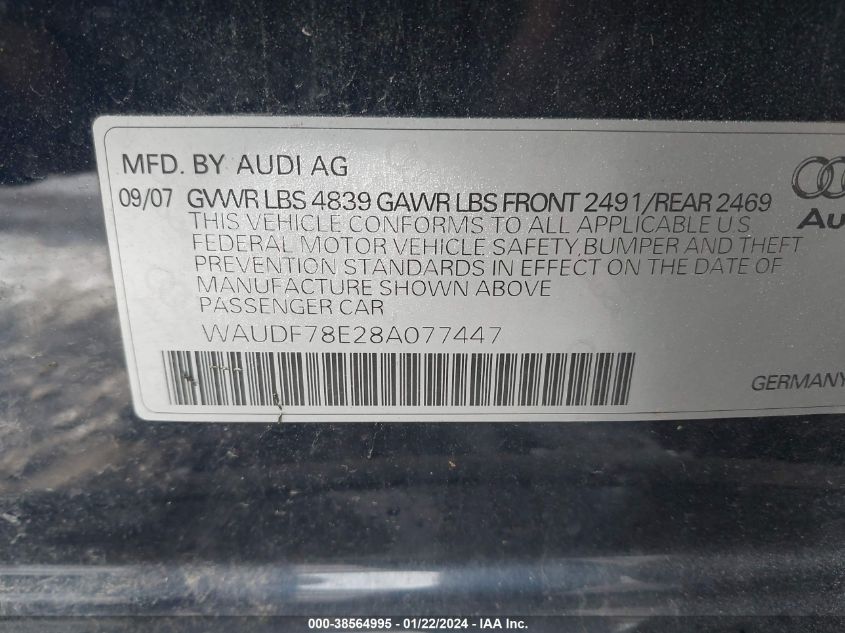 WAUDF78E28A077447 | 2008 AUDI A4