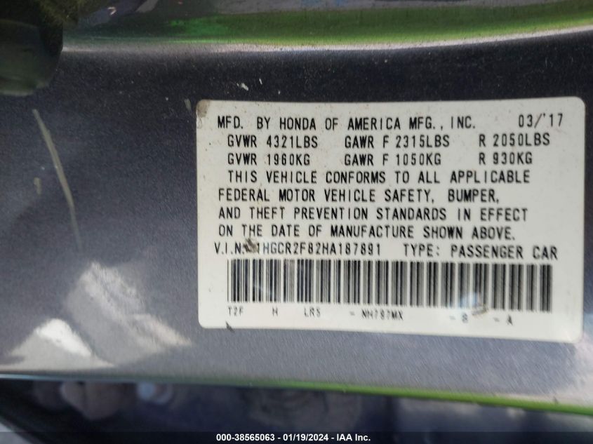 2017 HONDA ACCORD EXL - 1HGCR2F82HA187891