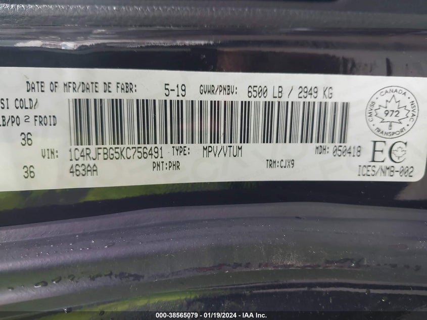 VIN 1C4RJFBG5KC756491 2019 JEEP GRAND CHEROKEE LIMITED