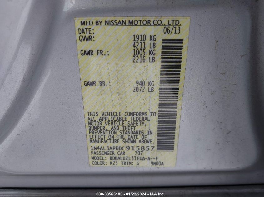 2013 NISSAN ALTIMA 2.5/S/SV/SL - 1N4AL3AP6DC915857