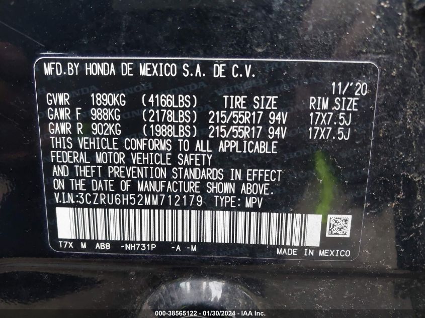 2021 HONDA HR-V AWD EX - 3CZRU6H52MM712179