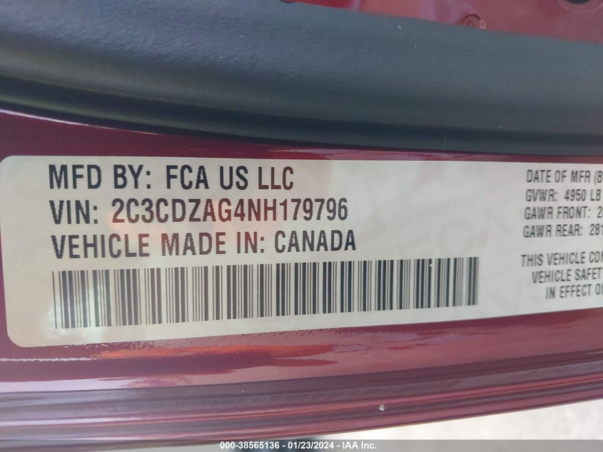 VIN 2C3CDZAG4NH179796 2022 DODGE CHALLENGER SXT