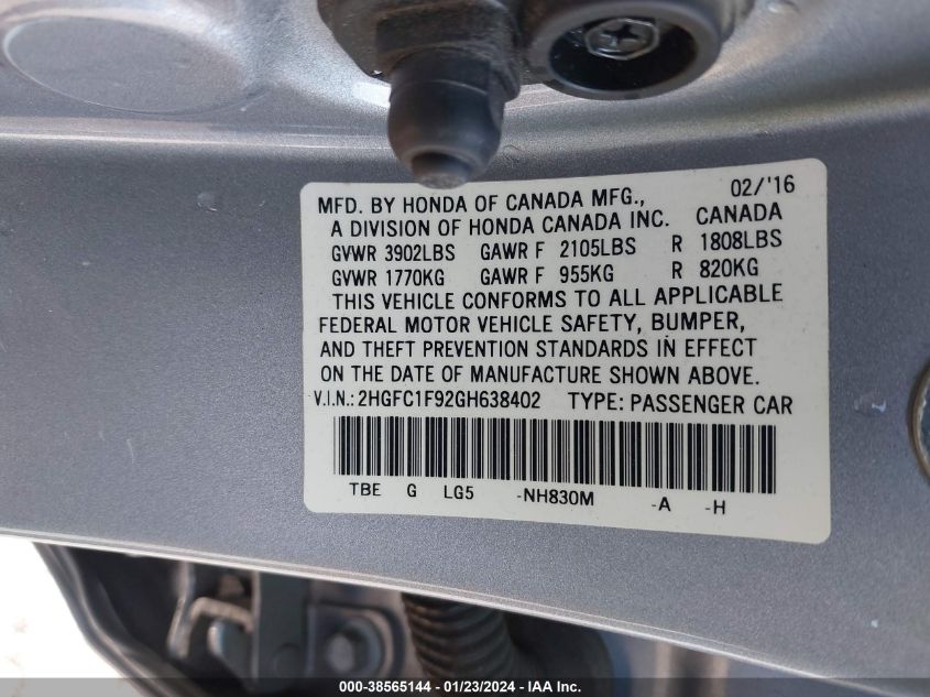 2016 HONDA CIVIC TOURING - 2HGFC1F92GH638402