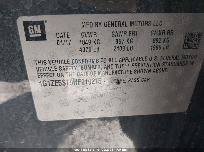 2017 CHEVROLET MALIBU LT - 1G1ZE5ST9HF219215