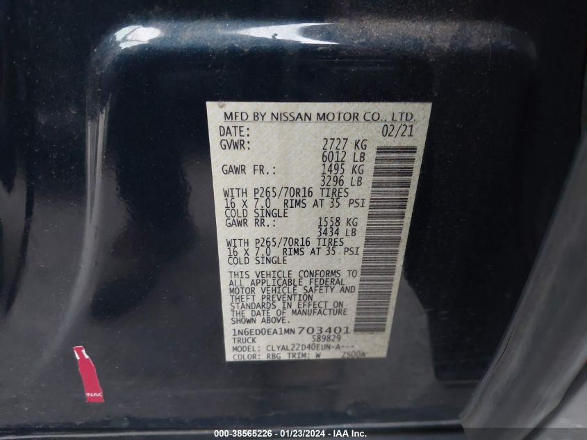2021 NISSAN FRONTIER SV 4X2 - 1N6ED0EA1MN703401
