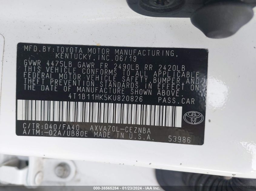 2019 TOYOTA CAMRY L/LE/XLE/SE/XSE - 4T1B11HK5KU820826