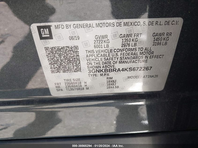 2019 CHEVROLET BLAZER 1LT - 3GNKBBRA4KS672267