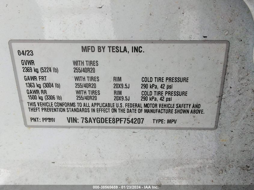 2023 TESLA MODEL Y AWD/LONG RANGE DUAL MOTOR ALL-WHEEL DRIVE - 7SAYGDEE8PF754207