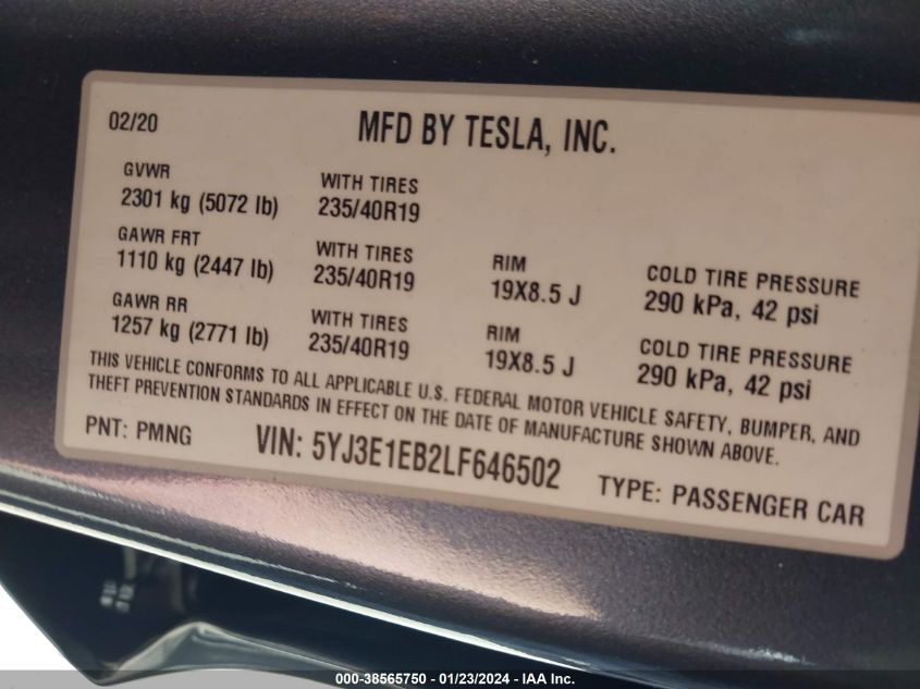 2020 TESLA MODEL 3 - 5YJ3E1EB2LF646502