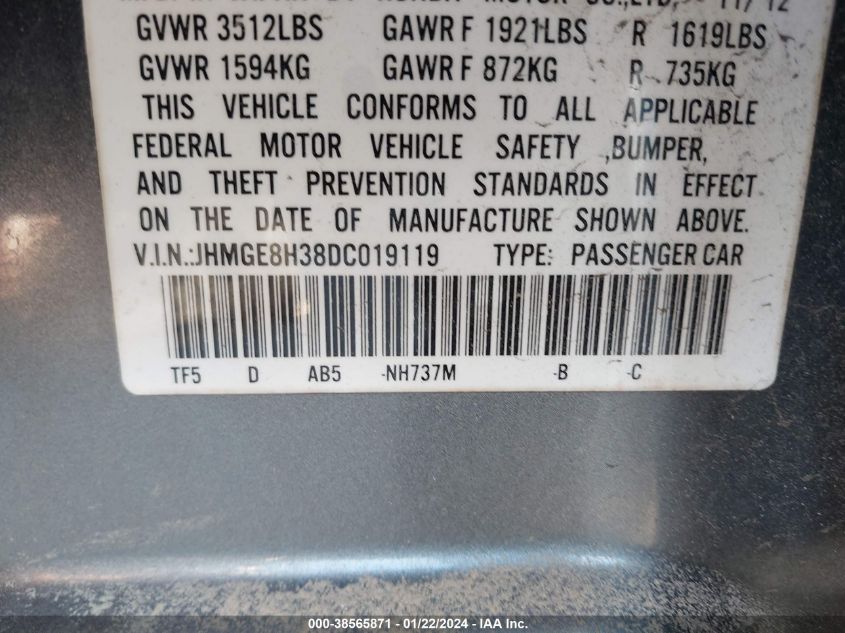 2013 HONDA FIT - JHMGE8H38DC019119