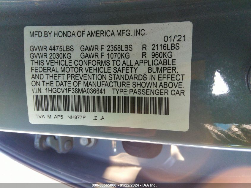 2021 HONDA ACCORD SPORT - 1HGCV1F38MA036641