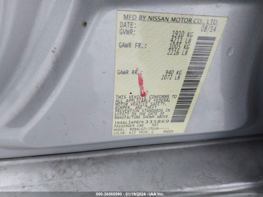 2015 NISSAN ALTIMA 2.5/S/SV/SL - 1N4AL3AP6FN335869