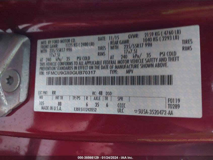 2016 FORD ESCAPE SE - 1FMCU9GX0GUB70317